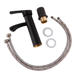 Grifo Lavabo Latón/Zinc, Negro, Agua Caliente-Fría, Latiguillos, Caño Bajo, Monomando [QLI-FA-SS01]