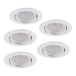 Pack de 5 Bombillas LED GU10 6W 500Lm 6000ºK 40.000H - Aro Downlight Redondo Inclinable \"Vepa\" Acero 90mm - Blanco