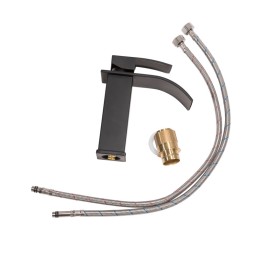 Grifo Lavabo Latón/Zinc, Negro, Agua Caliente-Fría, Latiguillos, Caño Bajo, Monomando [QLI-FA-4105]