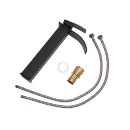 Grifo Lavabo Latón/Zinc, Negro, Agua Caliente-Fría, Latiguillos, Caño Alto, Monomando [QLI-FA-4106]