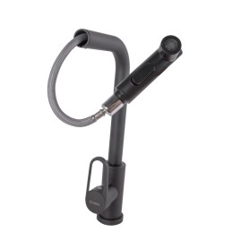 Grifo Cocina Latón/Zinc, Negro, Agua Caliente-Fría, Latiguillos, Caño Alto, Monomando [QLI-FA-4212]