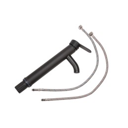 Grifo Lavabo Latón/Zinc, Negro, Agua Caliente-Fría, Latiguillos, Caño Alto, Monomando [QLI-FA-4214]