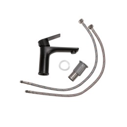 Grifo Lavabo Latón/Zinc, Negro, Agua Caliente-Fría, Latiguillos, Caño Bajo, Monomando [QLI-FA-4301]