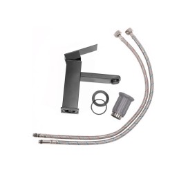 Grifo Lavabo Latón/Zinc, Negro, Agua Caliente-Fría, Latiguillos, Caño Bajo, Monomando [QLI-FA-4311]