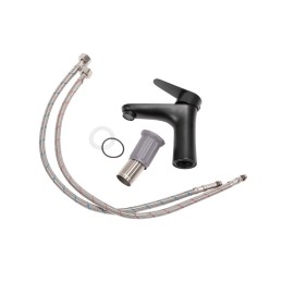 Grifo Lavabo Latón/Zinc, Negro, Agua Caliente-Fría, Latiguillos, Caño Bajo, Monomando [QLI-FA-4338]