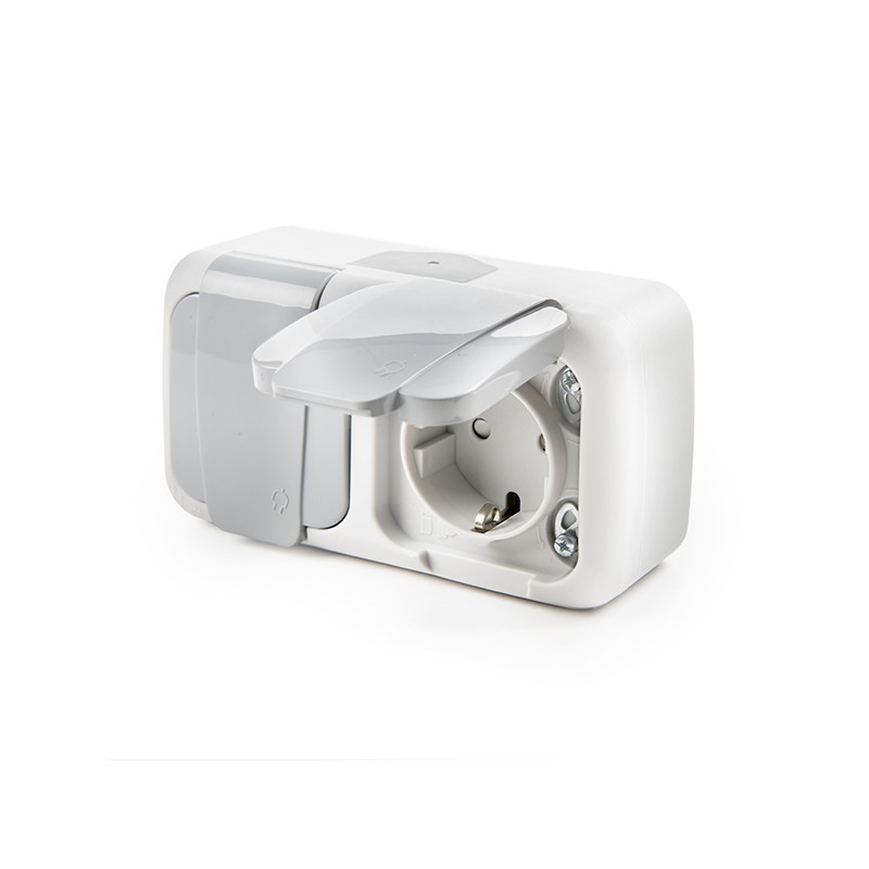 Conjunto Horizontal Toma de Corriente Doble Tapa IP54 Gris
