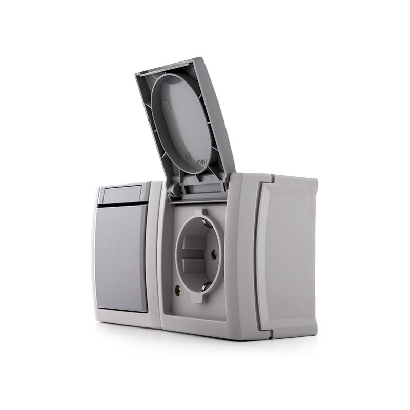 Conjunto Horizontal Interruptor 10A/250V Toma de Corriente 16A/250V Panasonic Pacific Tapa IP54 Gris