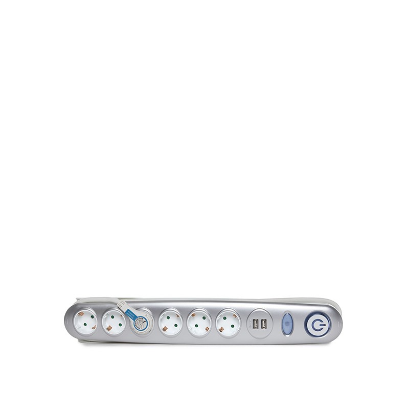 Enchufe 6 X Toma Corriente + Interruptor Luminoso + 2 X Usb Cargador 2100 Ma 5V - IP20 - Blanco/Plata