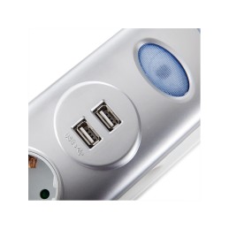 Enchufe 6 X Toma Corriente + Interruptor Luminoso + 2 X Usb Cargador 2100 Ma 5V - IP20 - Blanco/Plata