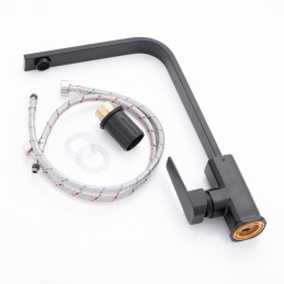 Grifo Cocina Latón/Zinc, Negro, Agua Caliente-Fría, Latiguillos, Caño Alto, Monomando [QLI-FA1055]