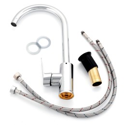 Grifo Cocina Latón/Zinc, Cromado, Agua Caliente-Fría, Latiguillos, Caño Alto, Monomando [QLI-FA-15304]