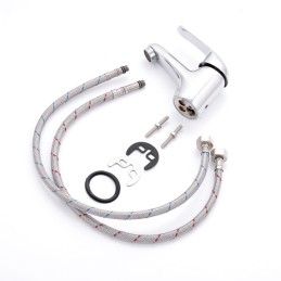 Grifo Lavabo Aleación Zinc, Cromado, Agua Caliente-Fría, Latiguillos, Caño Bajo, Monomando [QLI-FA-5501]