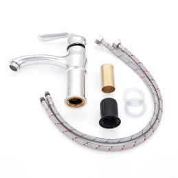 Grifo Lavabo Latón/Zinc, Cromado, Agua Caliente-Fría, Latiguillos, Caño Bajo, Monomando [QLI-FA-7785]