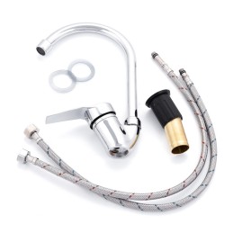 Grifo Cocina Latón/Zinc, Cromado, Agua Caliente-Fría, Latiguillos, Caño Alto, Monomando [QLI-FA-8704]