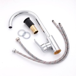 Grifo Lavabo Acero Inoxidable, Cromado, Agua Caliente-Fría, Latiguillos, Caño Alto, Monomando [QLI-FA928]