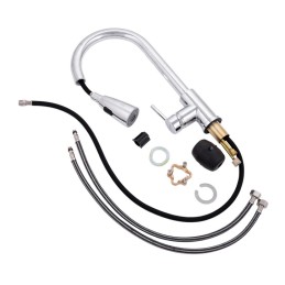 Grifo Cocina Latón/Zinc, Cromado, Agua Caliente-Fría, Latiguillos, Caño Alto, Monomando [QLI-FA-9711]