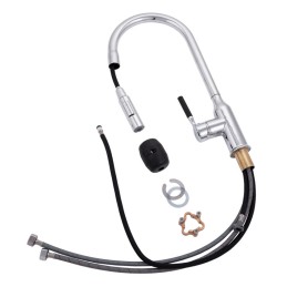 Grifo Cocina Latón/Zinc, Cromado, Agua Caliente-Fría, Latiguillos, Caño Alto, Monomando [QLI-FA-9719]