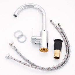 Grifo Lavabo Aleación Zinc, Cromado, Agua Caliente-Fría, Latiguillos, Caño Alto, Monomando [QLI-FA978]