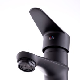 Grifo Lavabo Latón/Zinc, Negro, Agua Caliente-Fría, Latiguillos, Caño Bajo, Monomando [QLI-FA982]