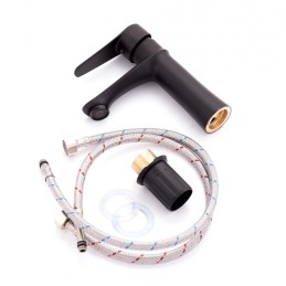 Grifo Lavabo Latón/Zinc, Negro, Agua Caliente-Fría, Latiguillos, Caño Bajo, Monomando [QLI-FA982]