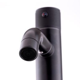 Grifo Lavabo Acero Inoxidable, Negro, Agua Caliente-Fría, Latiguillos, Caño Bajo, Monomando [QLI-FA-BK7799]