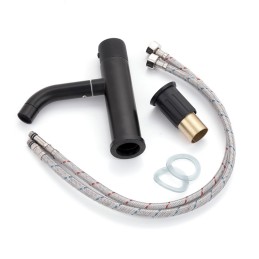 Grifo Lavabo Acero Inoxidable, Negro, Agua Caliente-Fría, Latiguillos, Caño Bajo, Monomando [QLI-FA-BK7799]